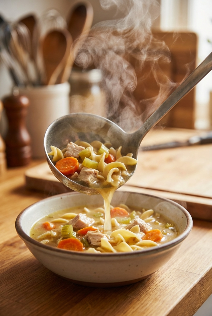 A ladle pouring chicken noodle soup into a bowl with steam rising