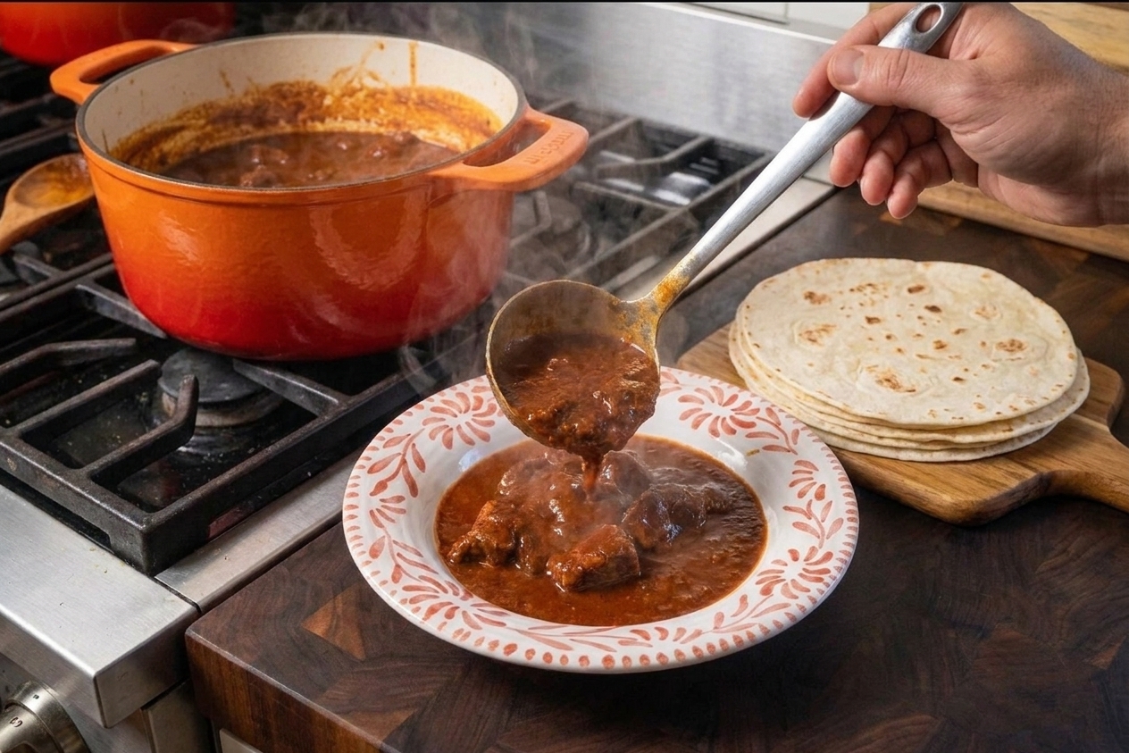 A ladle pouring chili colorado into a shallow bowl, with steam rising and tortillas on the side on a wooden table