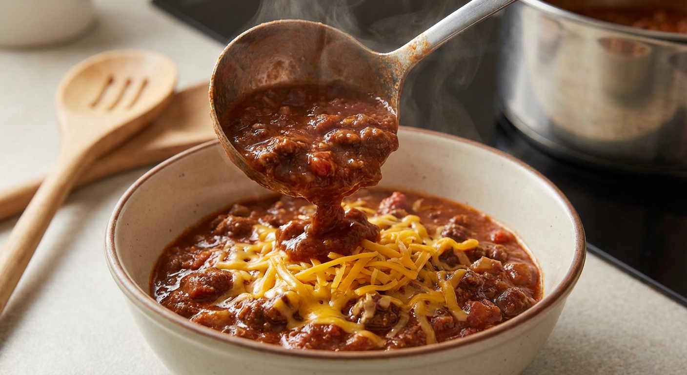 A ladle pouring chili con carne into a bowl with shredded cheese melting on top
