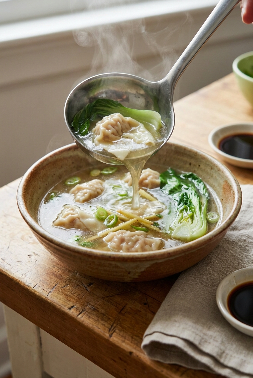 A ladle pouring clear ginger chicken broth with wontons and bok choy into a ceramic bowl