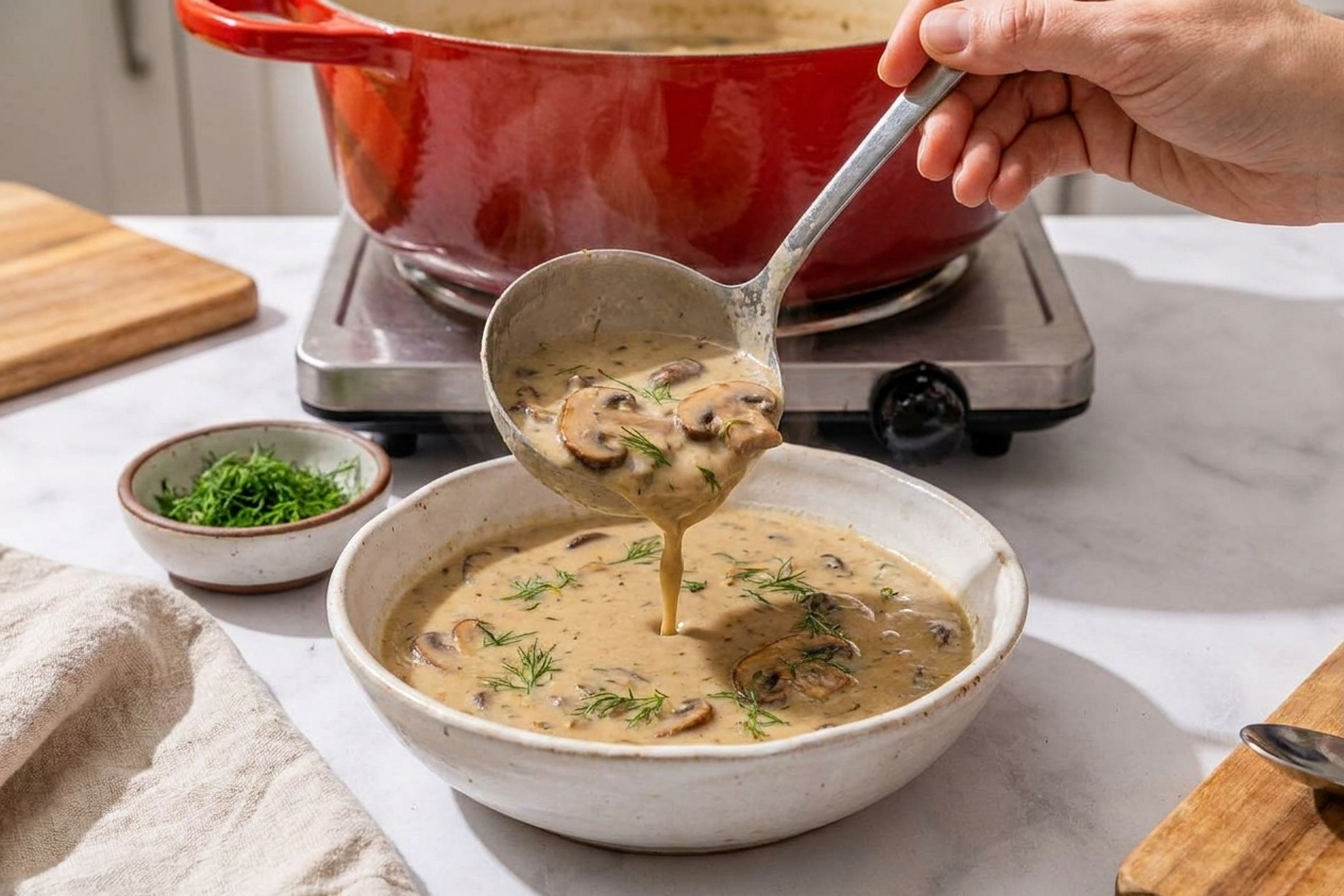 A ladle pouring creamy Hungarian mushroom soup into a bowl, with visible mushroom slices and dill, on a cozy kitchen counter