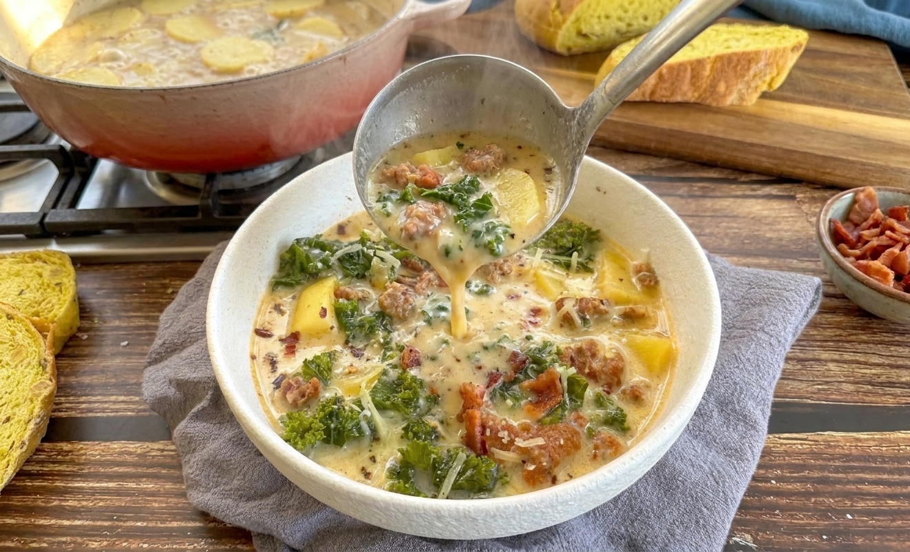 A ladle pouring creamy Sopa Toscana into a ceramic bowl, with kale and sausage visible in the broth
