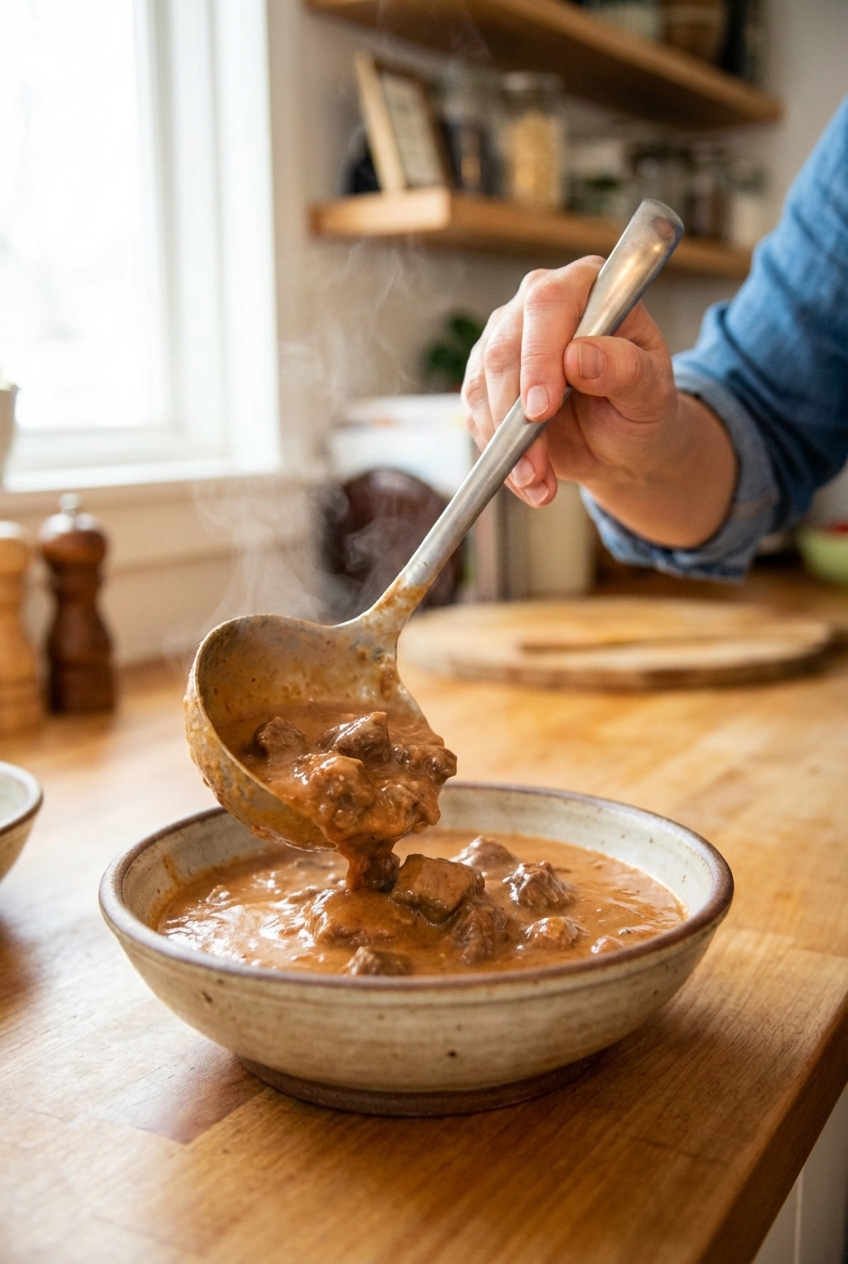A ladle pouring creamy Texas chili into a bowl with visible tender beef and a smooth reddish sauce