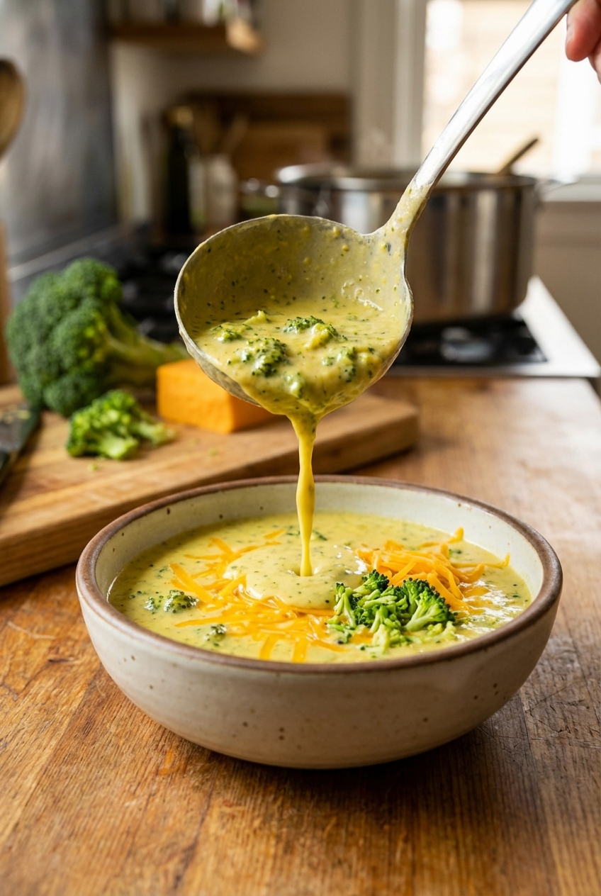 A ladle pouring creamy broccoli cheese soup into a bowl with cheddar on top