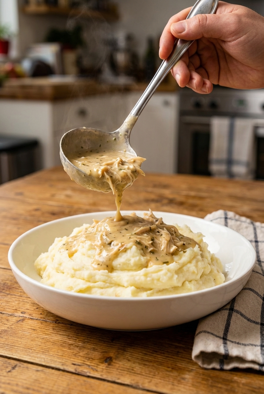 A ladle pouring creamy chicken gravy over mashed potatoes in a white bowl on a dinner table