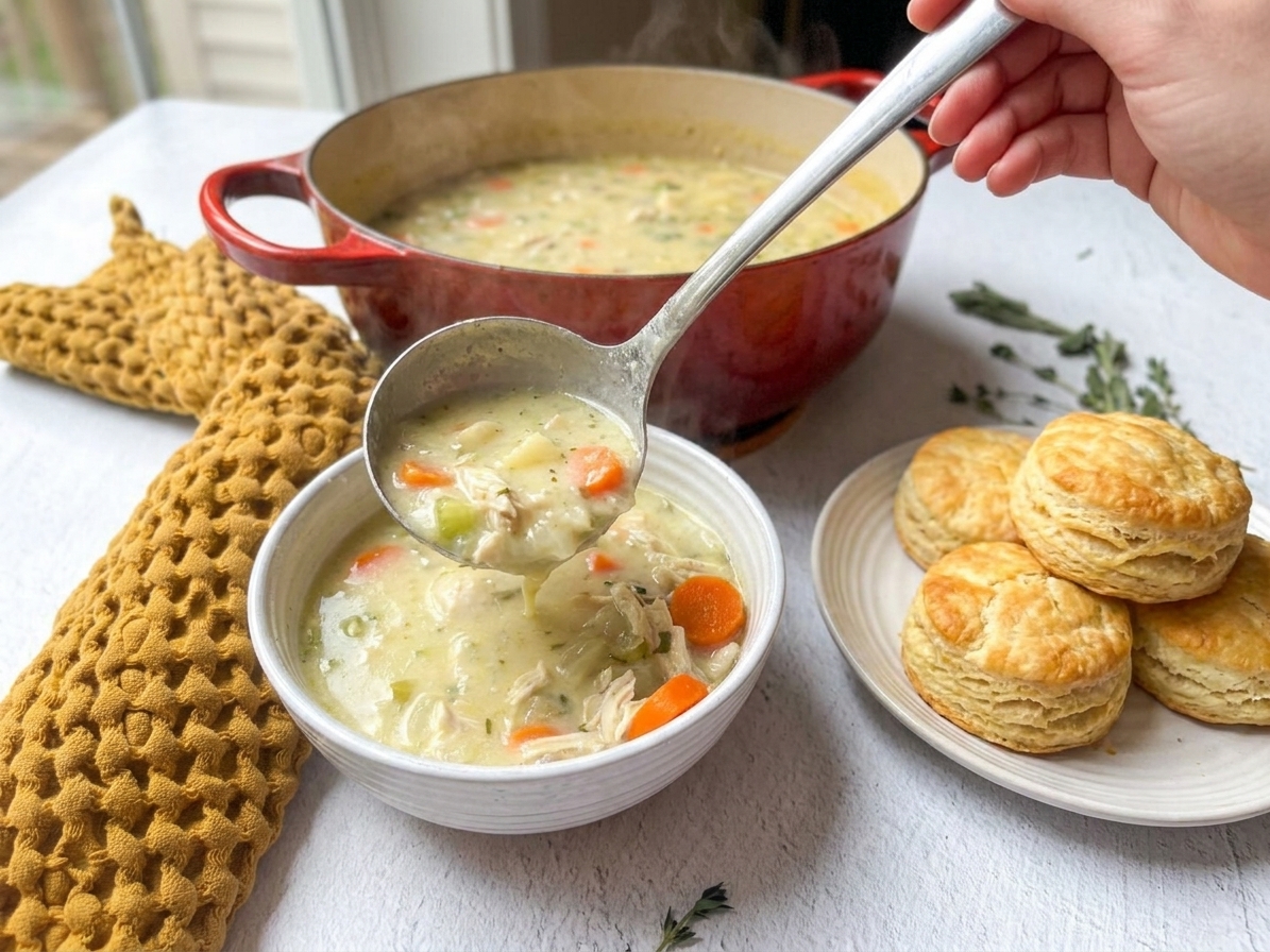 A ladle pouring creamy chicken potpie soup into a bowl on a kitchen counter with biscuits nearby