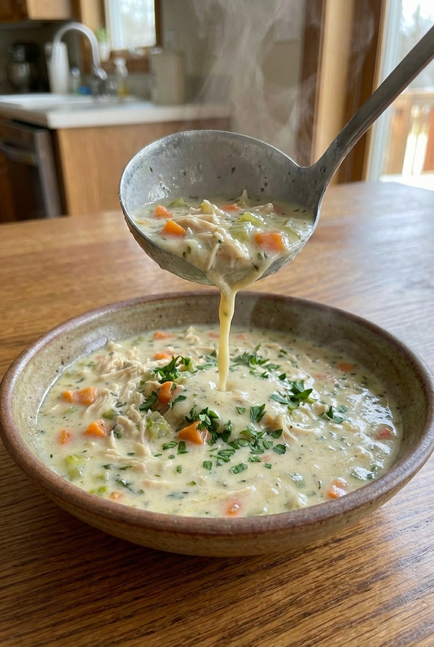 A ladle pouring creamy chicken soup into a bowl with fresh parsley scattered on top