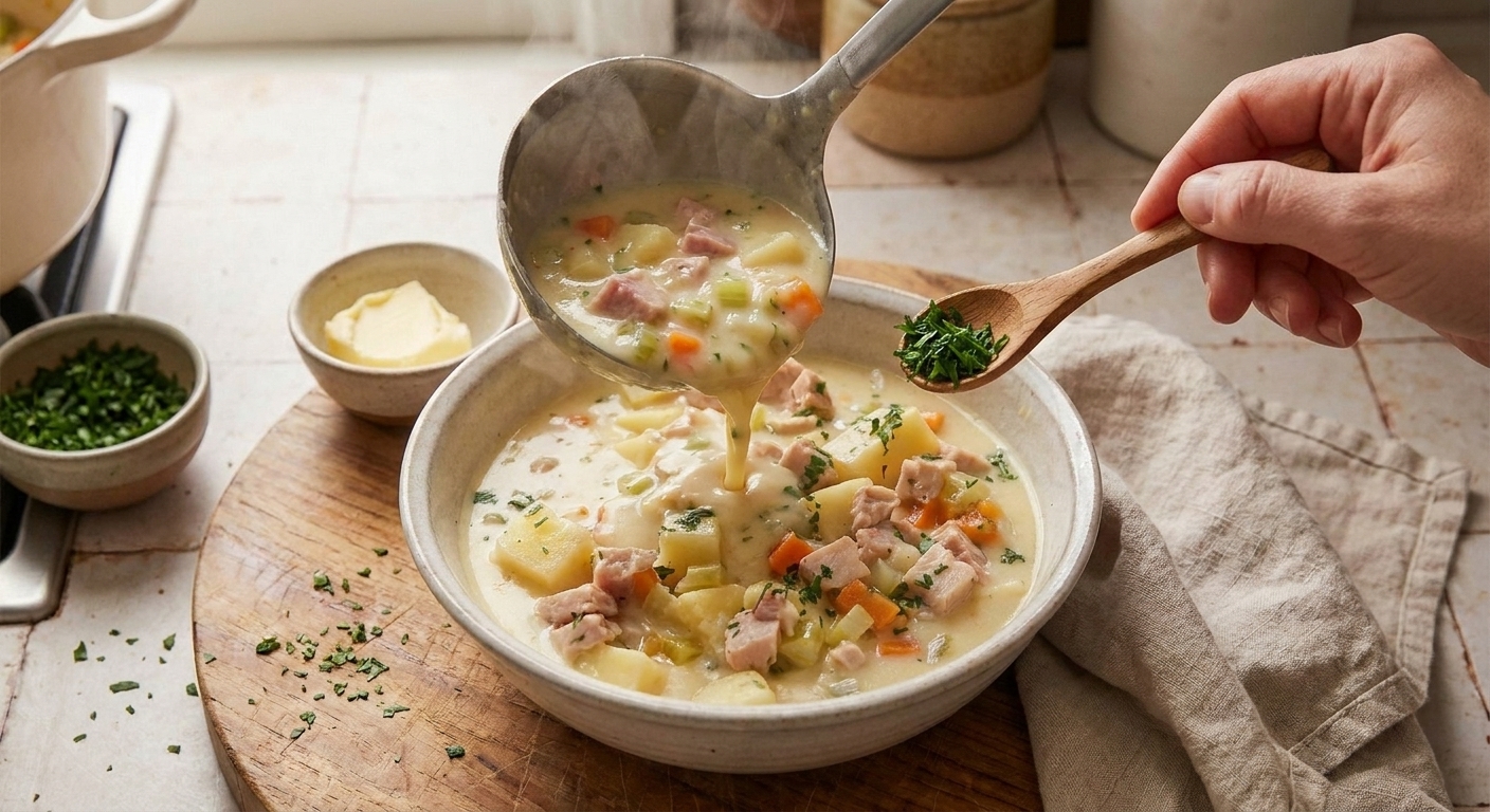 A ladle pouring creamy ham and potato soup into a ceramic bowl with chopped herbs on top