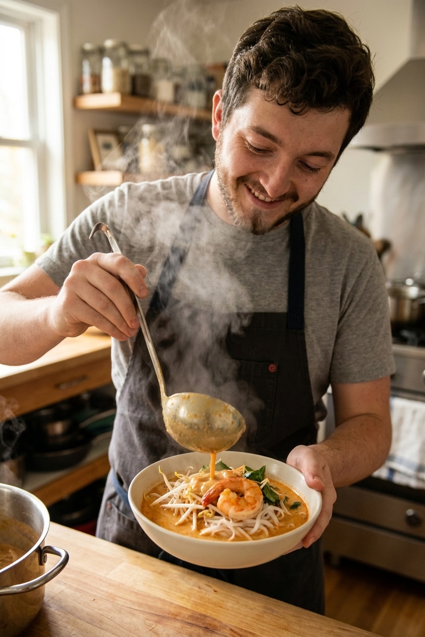 A ladle pouring creamy laksa broth with shrimp over rice noodles in a deep bowl, with steam rising in a home kitchen