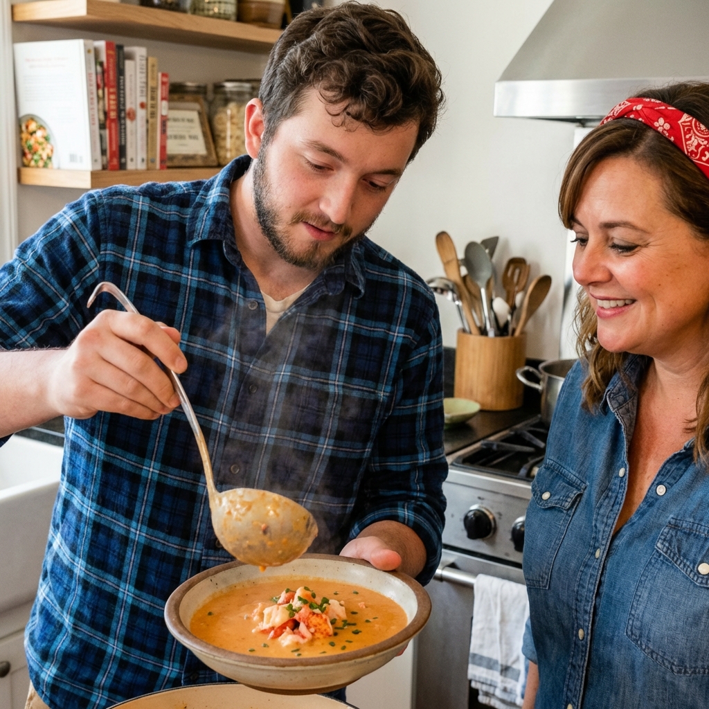 A ladle pouring creamy lobster bisque into a bowl with lobster pieces visible