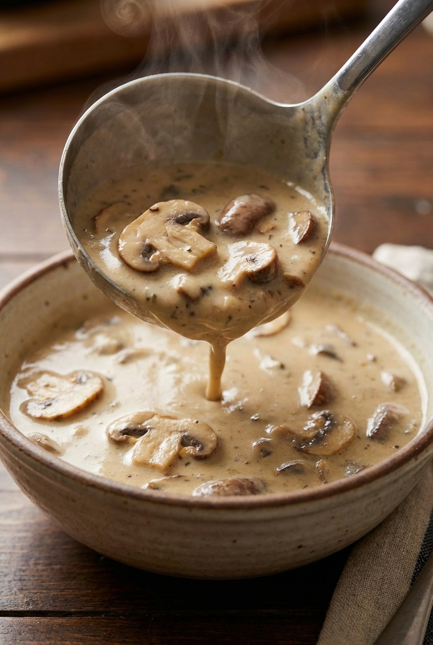 A ladle pouring creamy mushroom soup into a bowl, showing a thick texture with visible mushroom pieces