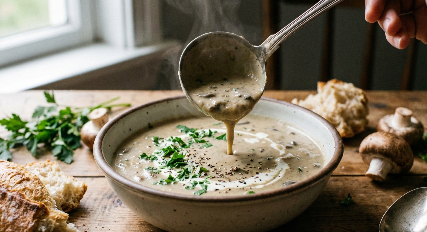 A ladle pouring creamy mushroom soup into a bowl topped with parsley and black pepper