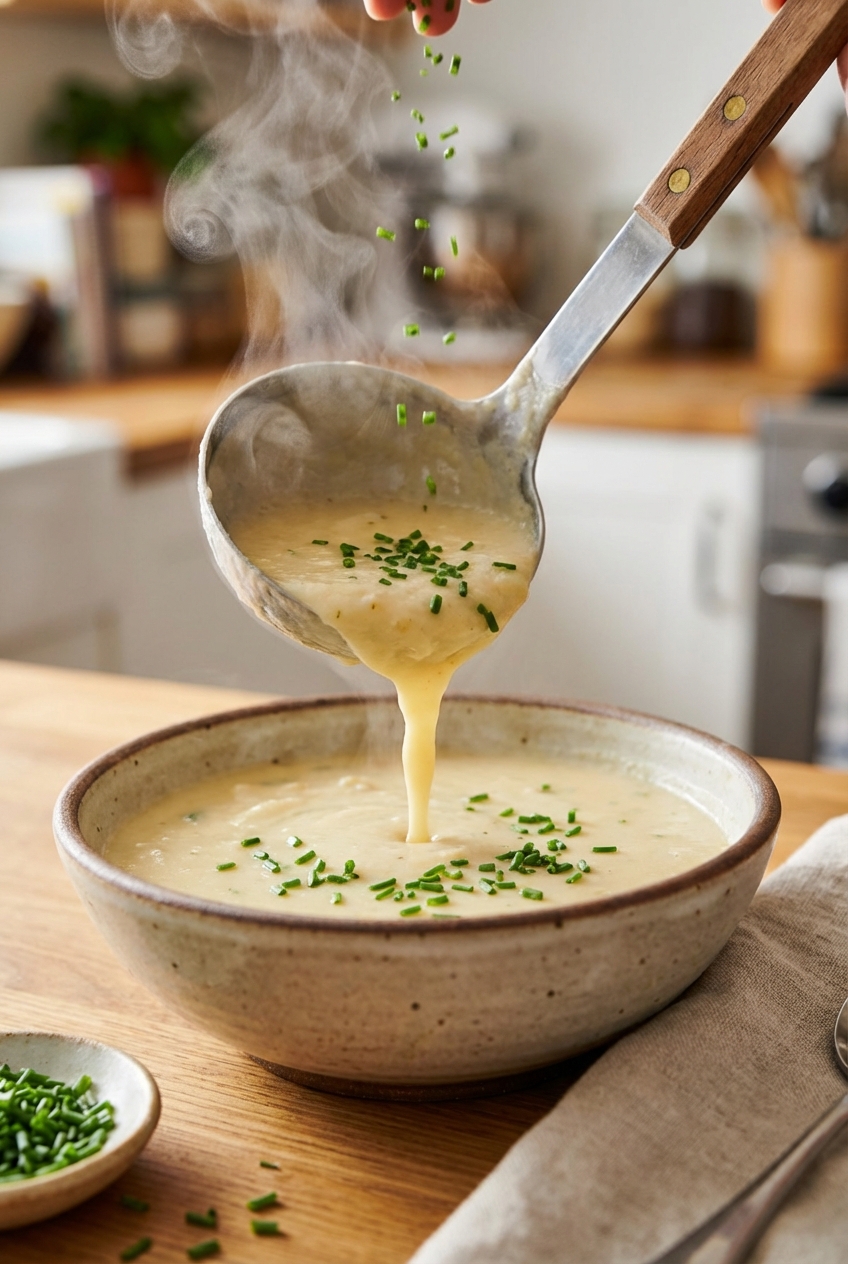 A ladle pouring creamy potato soup into a bowl with steam rising and chopped chives scattered on top