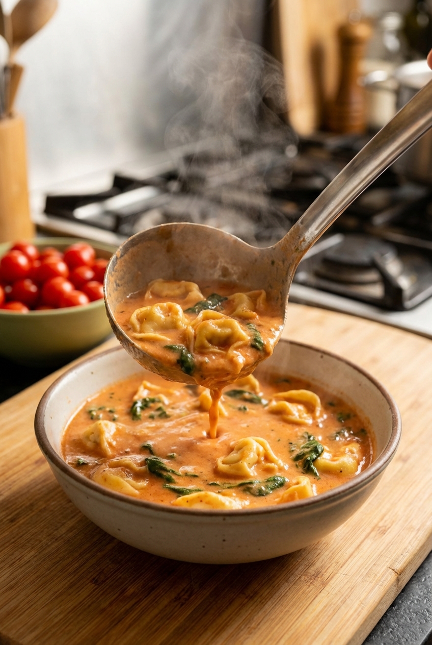 A ladle pouring creamy tomato tortellini soup into a bowl with steam rising