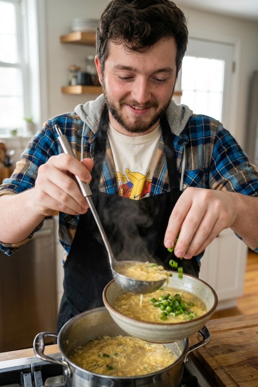 A ladle pouring egg drop soup into a bowl as chopped scallions fall over the top in a home kitchen