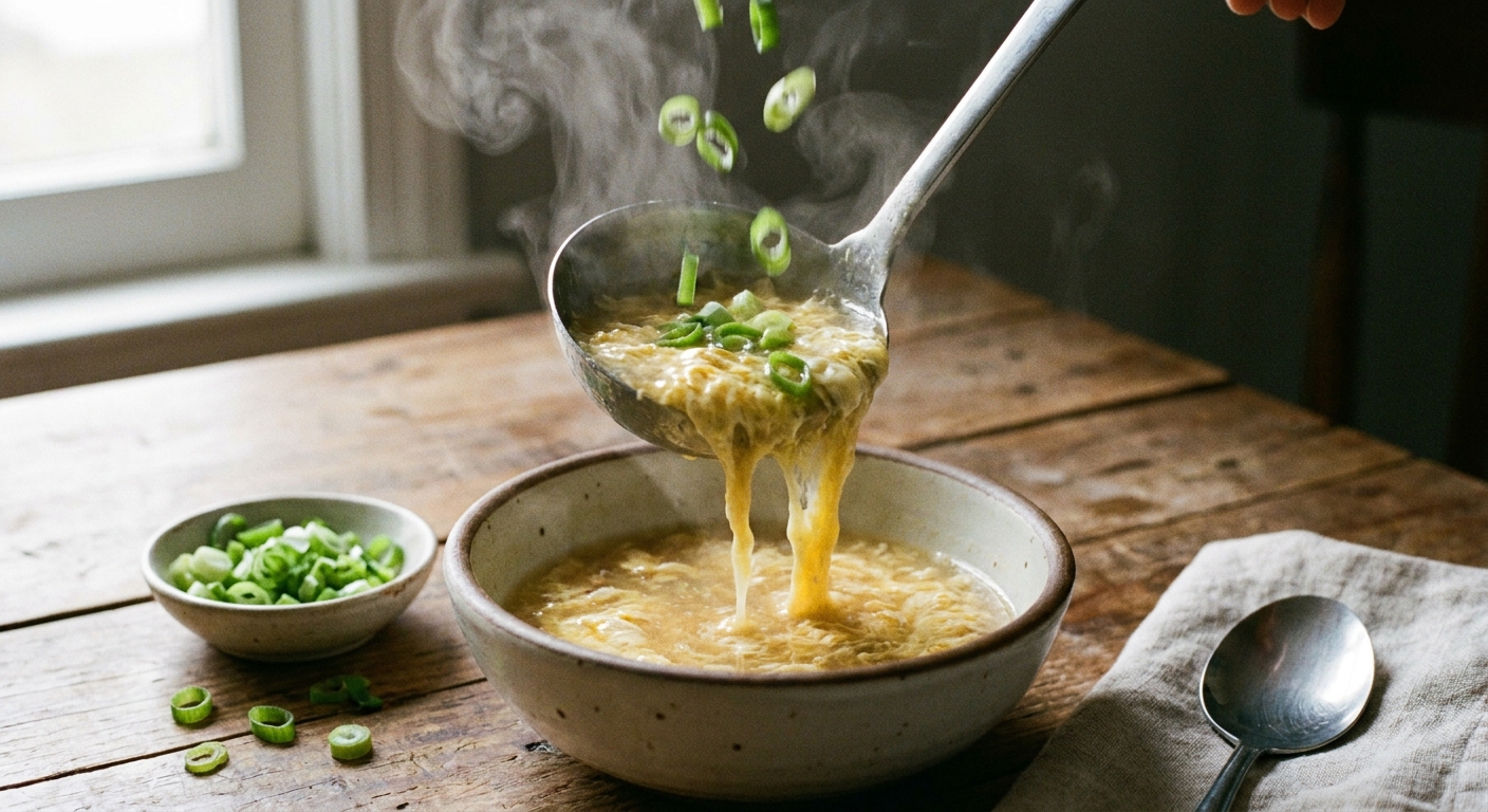 A ladle pouring egg drop soup into a bowl while sliced scallions fall on top, steam rising, real food photography