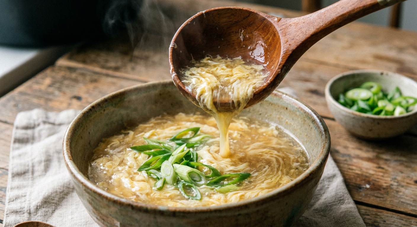 A ladle pouring egg drop soup into a ceramic bowl, with sliced scallion greens scattered on top, close-up food photography