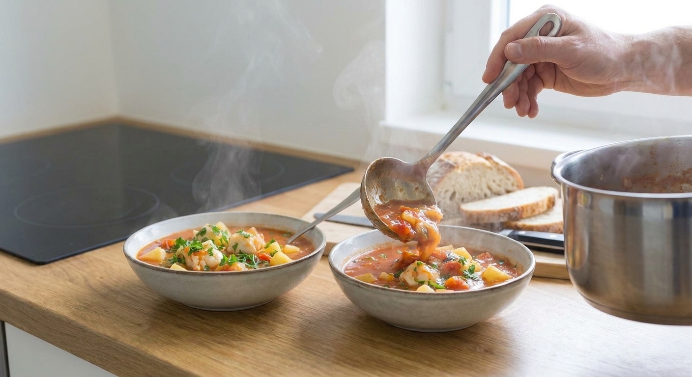 A ladle pouring fish stew into a wide bowl, with another finished bowl and crusty bread on the table