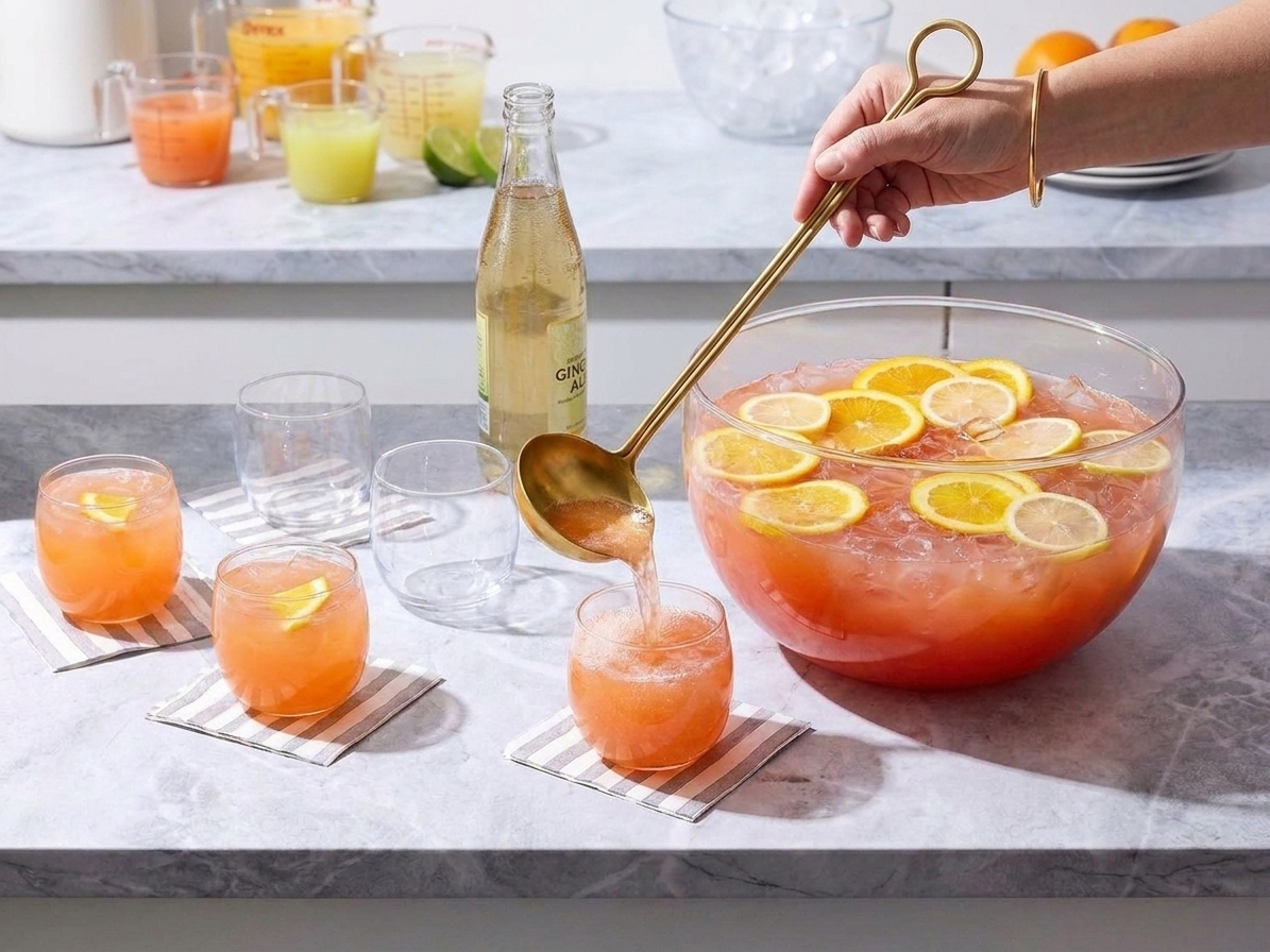 A ladle pouring fizzy fruit punch into clear cups on a simple table setting with citrus slices floating in the bowl