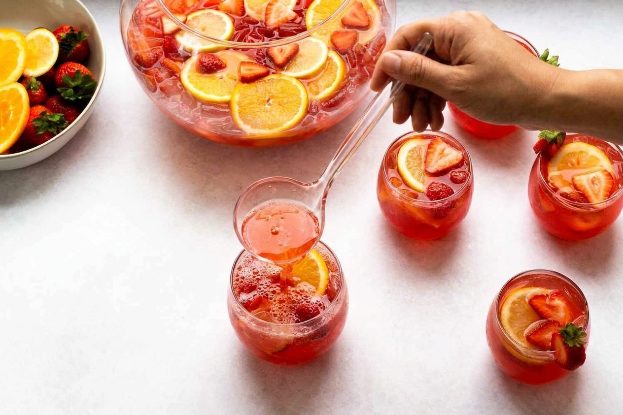 A ladle pouring fizzy fruit punch into clear cups on a dining table with a simple party setup