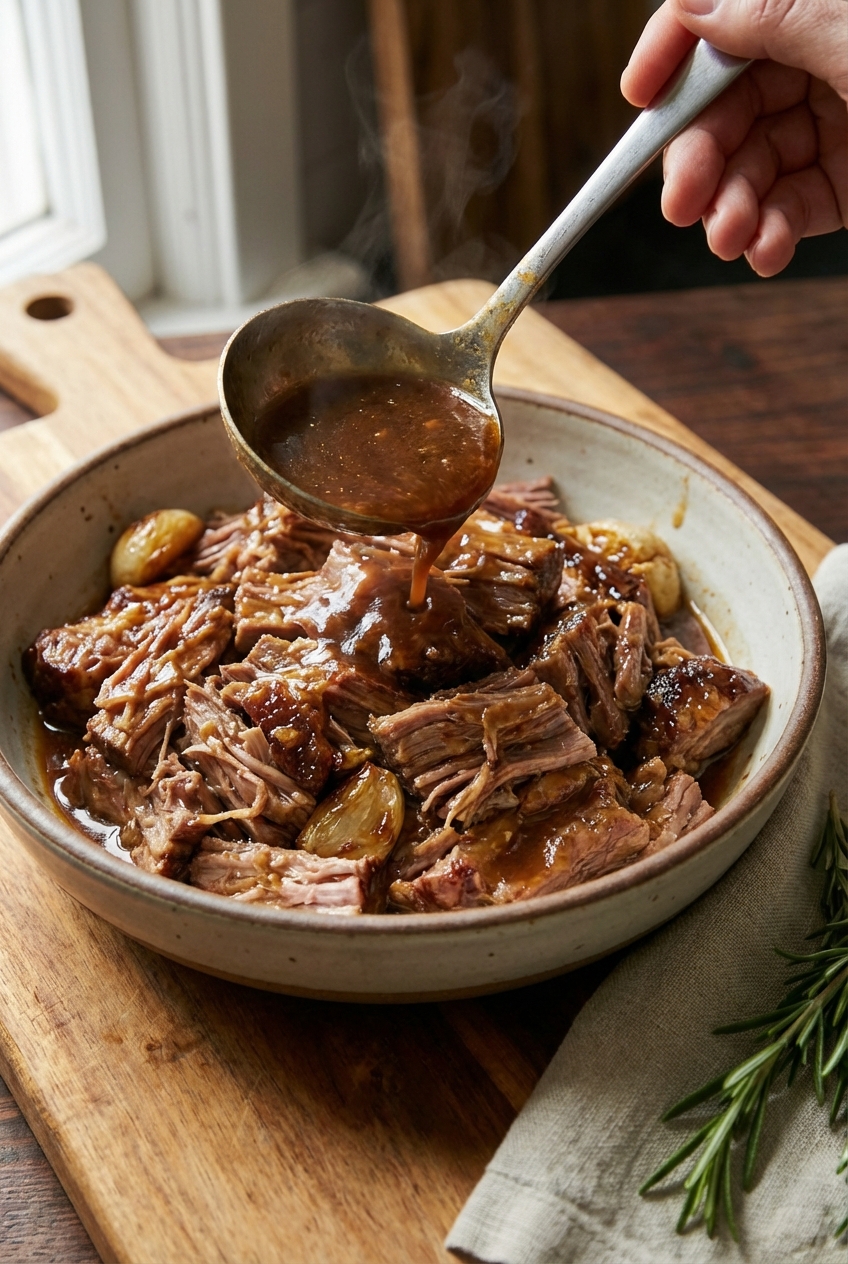 A ladle pouring glossy reduced braising sauce over shredded pork shoulder in a serving bowl