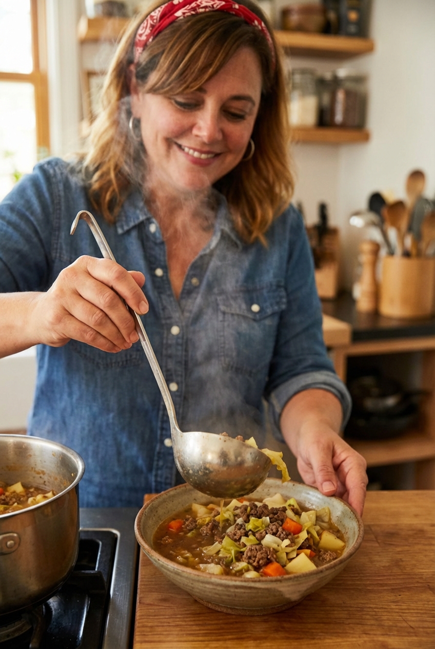 A ladle pouring ground beef cabbage soup into a bowl with steam rising