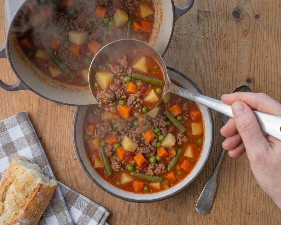 A ladle pouring hamburger vegetable soup into a bowl on a wooden table with a simple napkin beside it