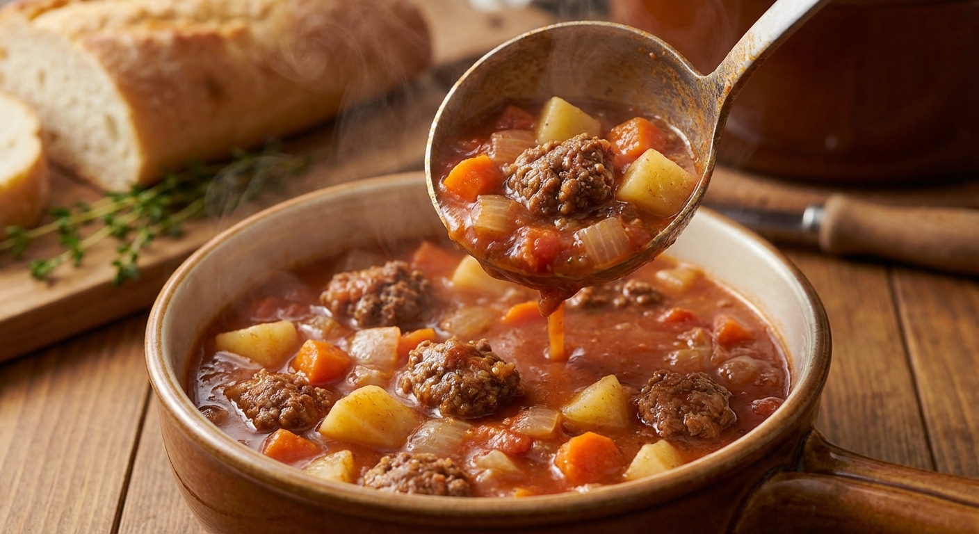 A ladle pouring hearty hamburger soup into a bowl with visible chunks of potato and browned ground beef