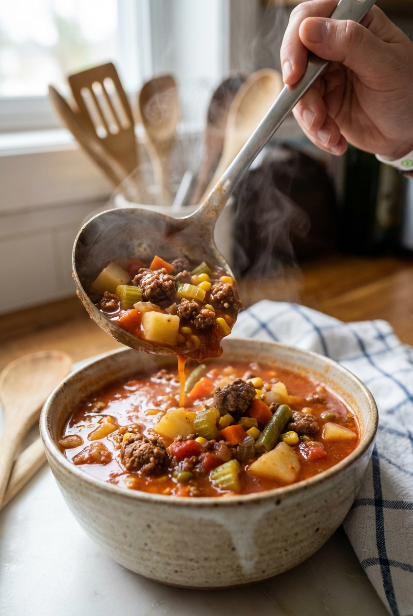 A ladle pouring hearty hamburger soup into a bowl, showing ground beef, potatoes, and vegetables in a tomato broth
