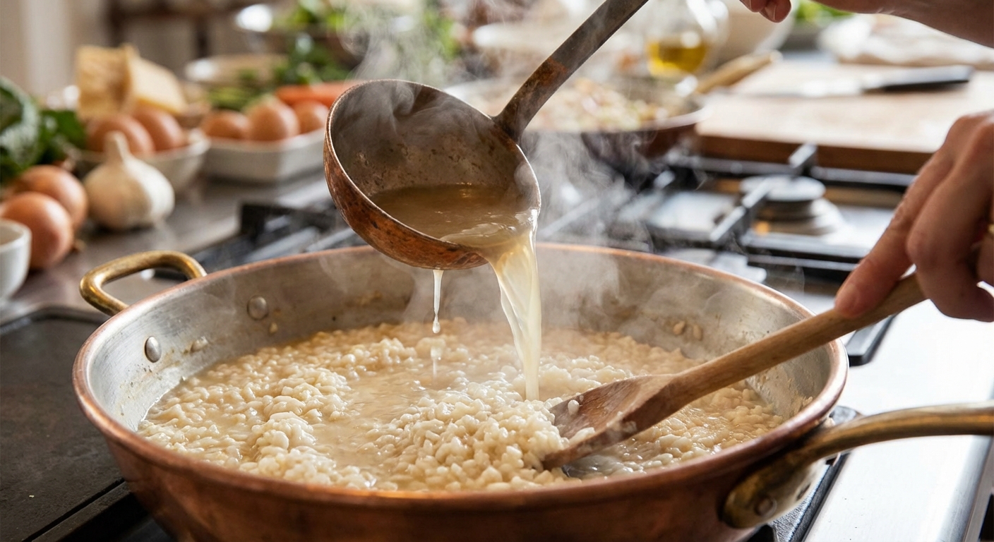 A ladle pouring hot broth into a pan of risotto while a spoon stirs