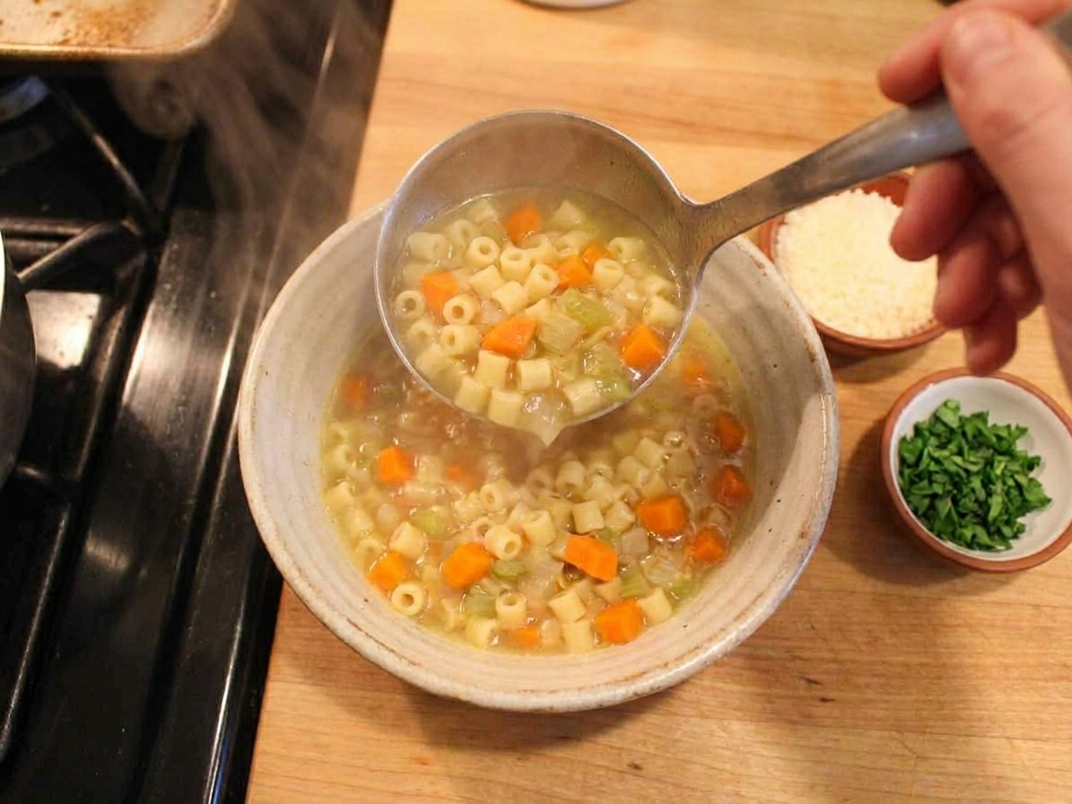 A ladle pouring hot chicken soup with small pasta into a ceramic bowl, with Parmesan and parsley ready nearby