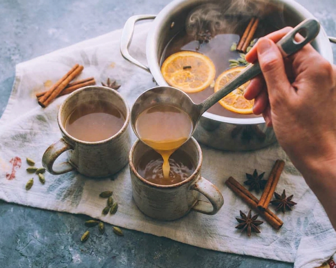 A ladle pouring hot mulled apple cider from a pot into ceramic mugs on a kitchen counter with cinnamon sticks nearby