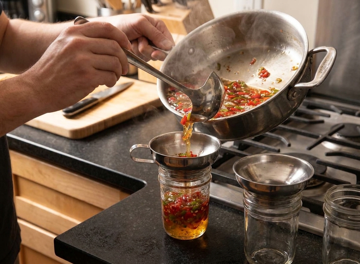 A ladle pouring hot pepper jelly into small glass jars through a canning funnel on a kitchen counter