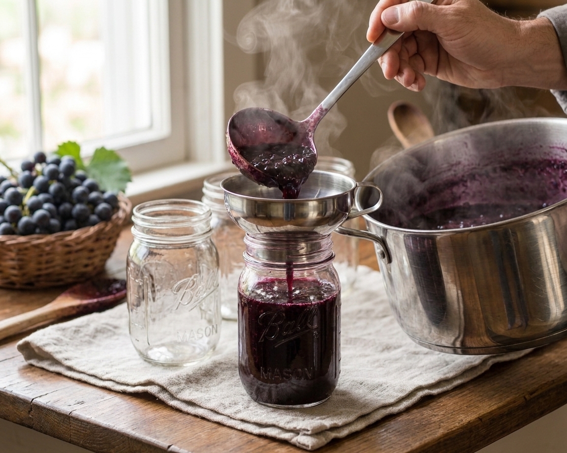A ladle pouring hot purple grape jelly into a clean glass jar using a wide-mouth funnel on a kitchen counter