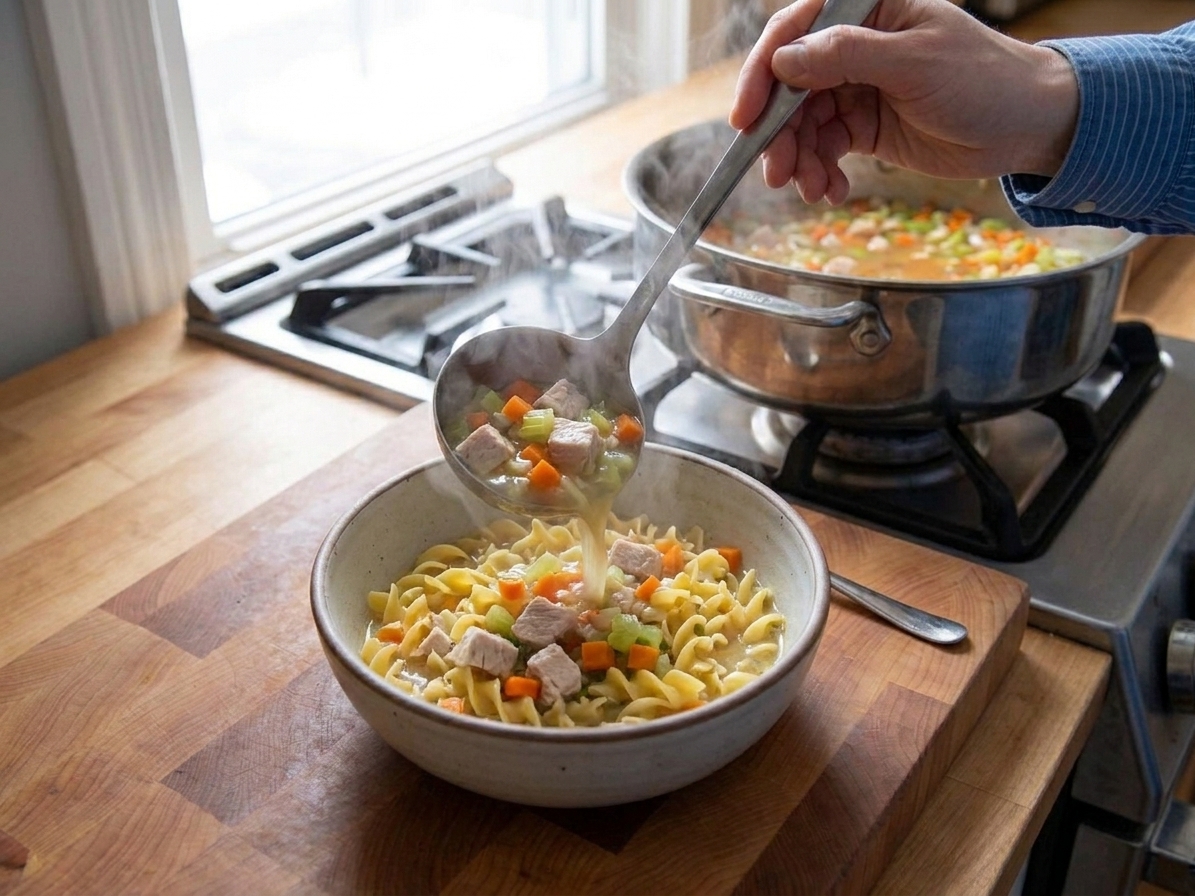 A ladle pouring hot turkey soup over egg noodles in a bowl with steam rising