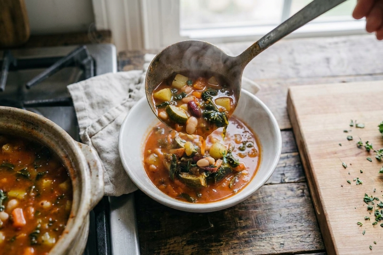 A ladle pouring hot vegetable soup into a white bowl on a kitchen counter