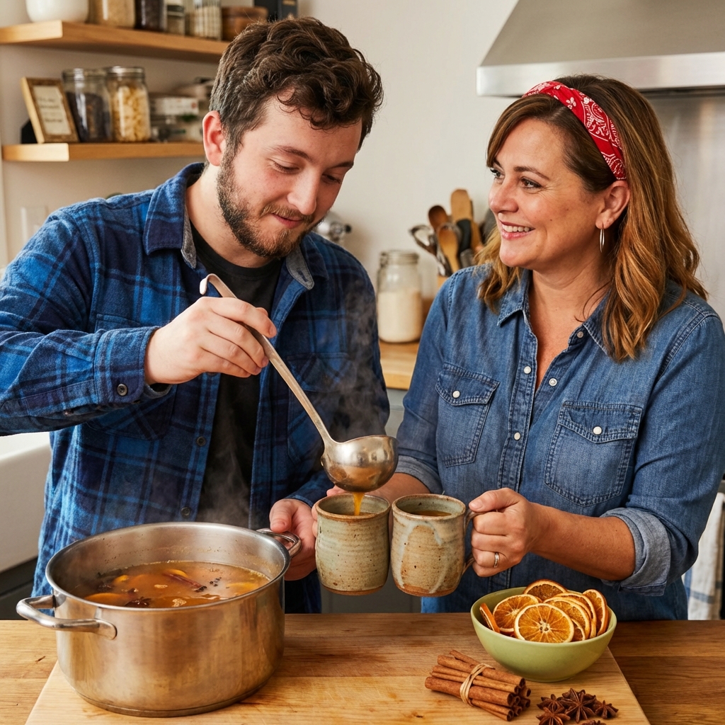 A ladle pouring hot wassail into ceramic mugs with cinnamon sticks and orange slices nearby