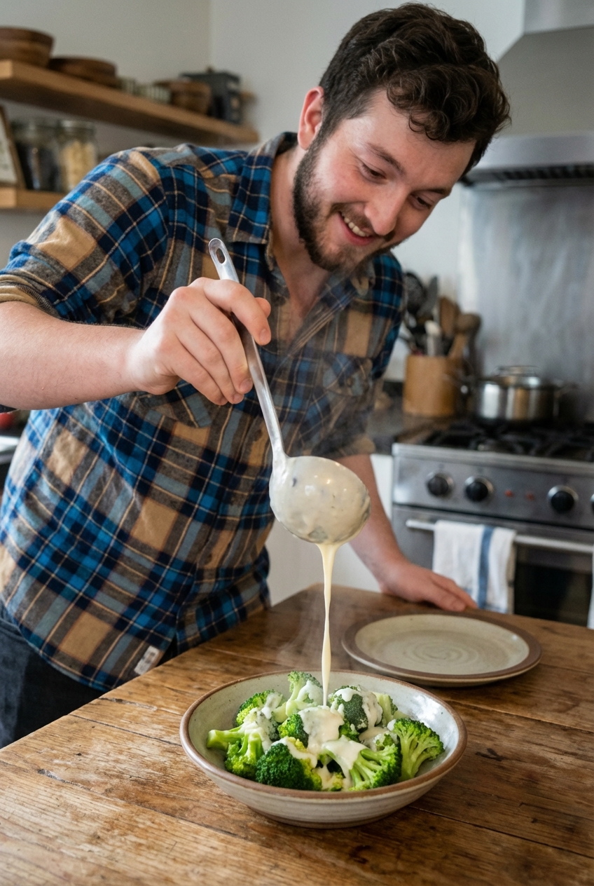 A ladle pouring light creamy white sauce over steamed broccoli in a bowl on a wooden table
