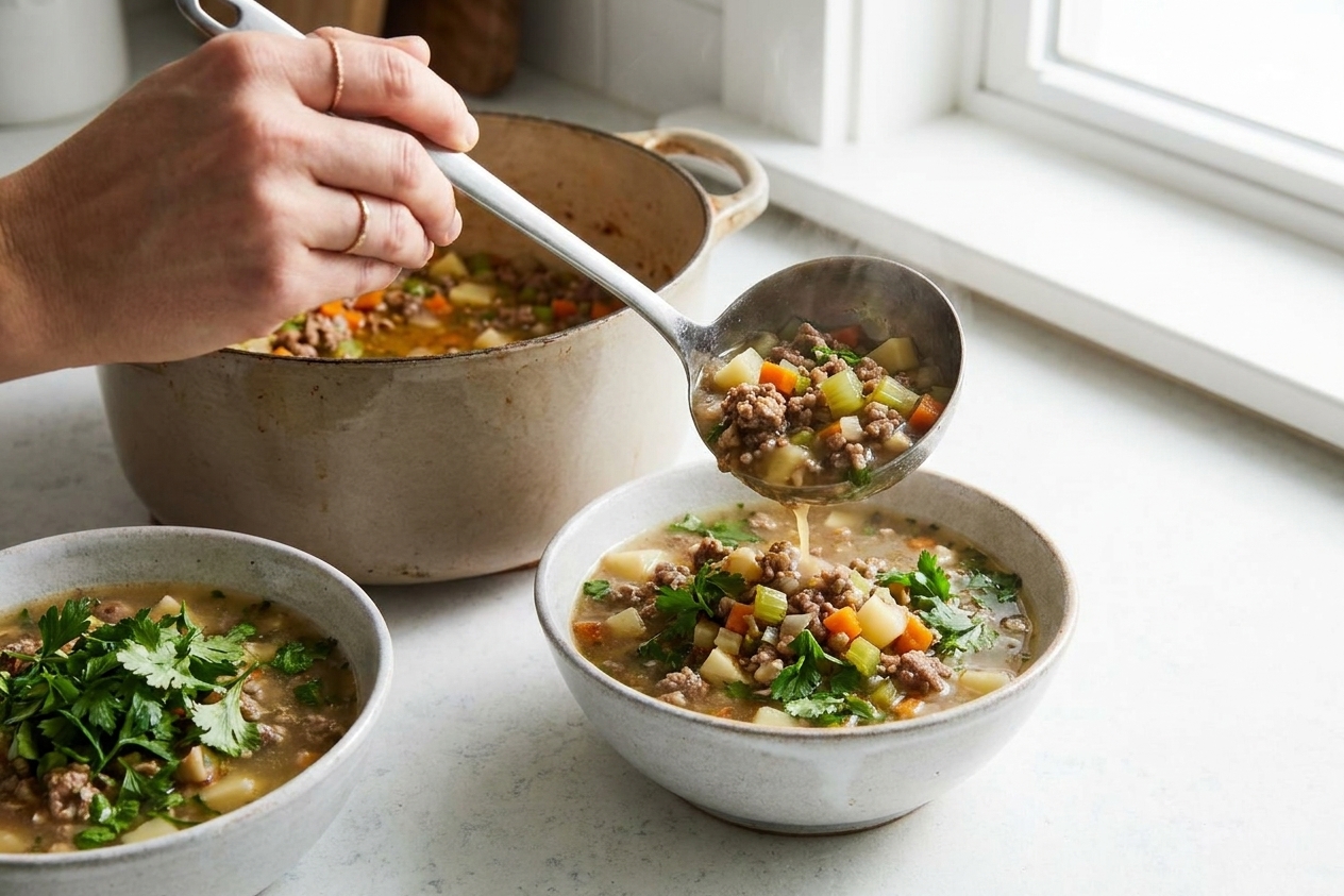 A ladle pouring minced meat soup into a bowl with parsley on top on a kitchen counter