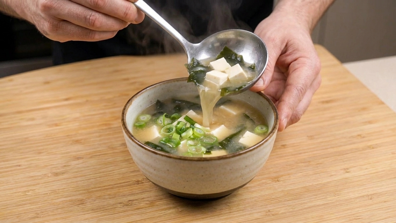 A ladle pouring miso soup into a bowl, with fresh sliced scallions scattered on top, set on a cozy wooden table
