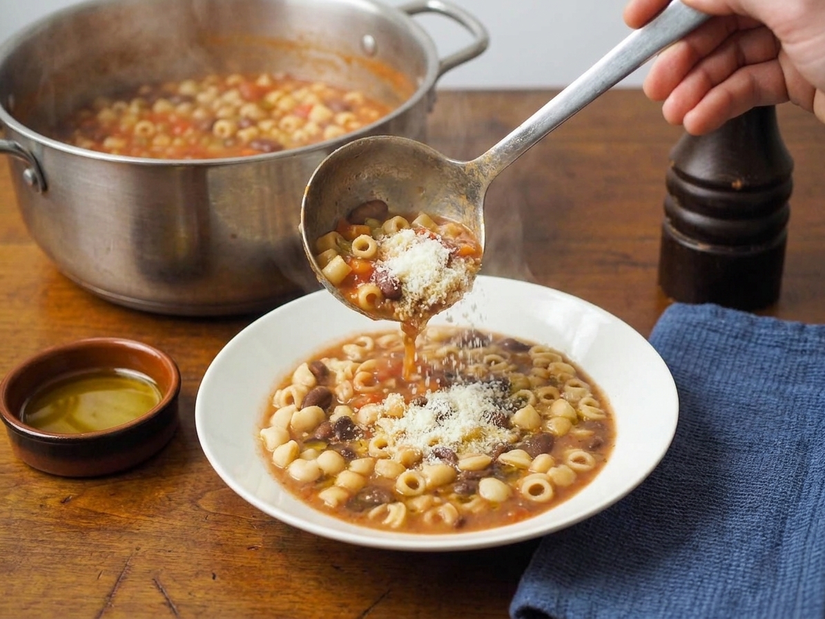 A ladle pouring pasta e fagioli into a bowl, with grated Parmesan on top and a small dish of olive oil nearby on a wooden table