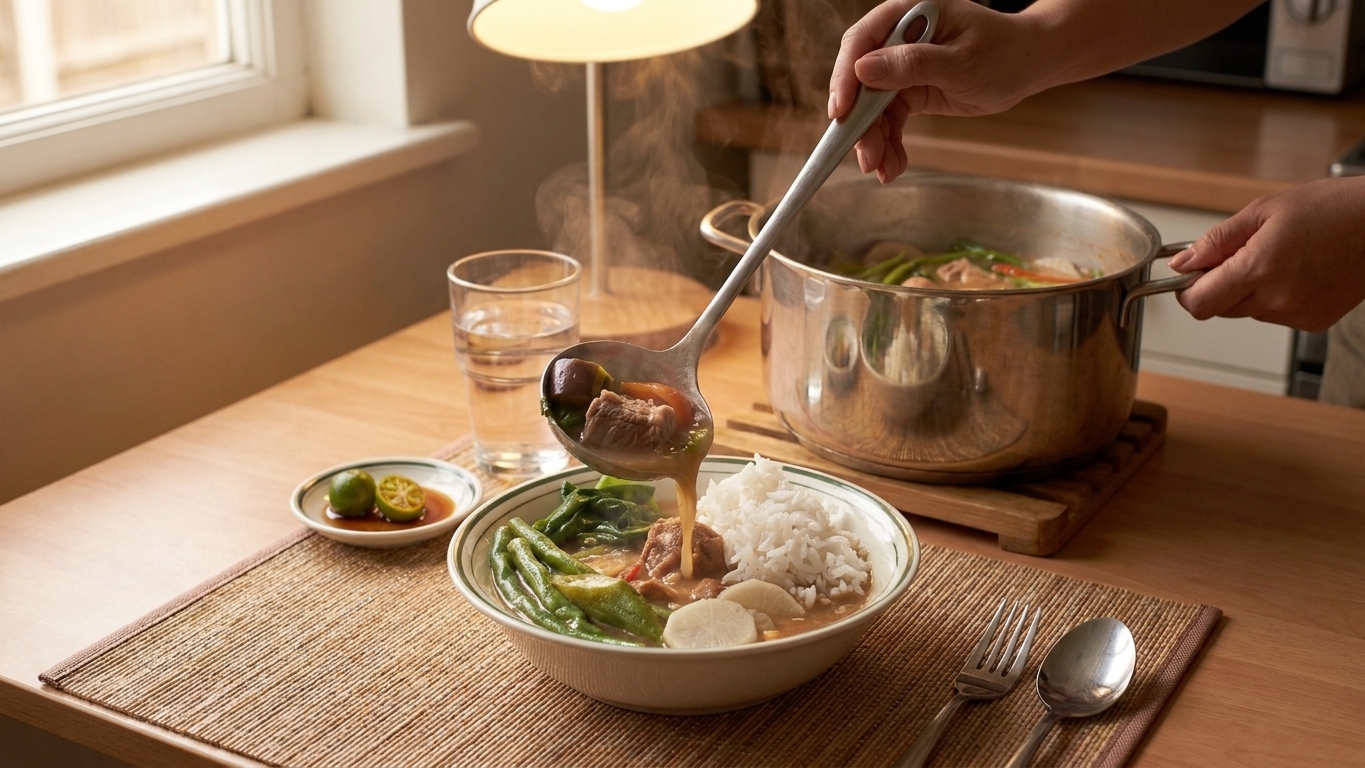 A ladle pouring pork sinigang into a bowl with rice on the side, set on a simple dinner table with warm lighting