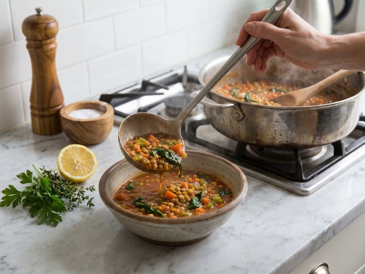 A ladle pouring red lentil stew into a bowl on a kitchen counter, with a lemon half and herbs nearby