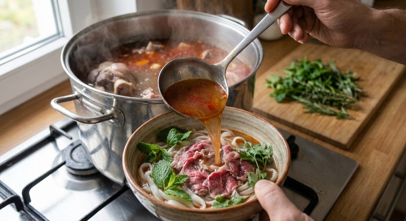 A ladle pouring red-tinged lemongrass broth into a bowl of thick rice noodles and sliced beef on a kitchen counter