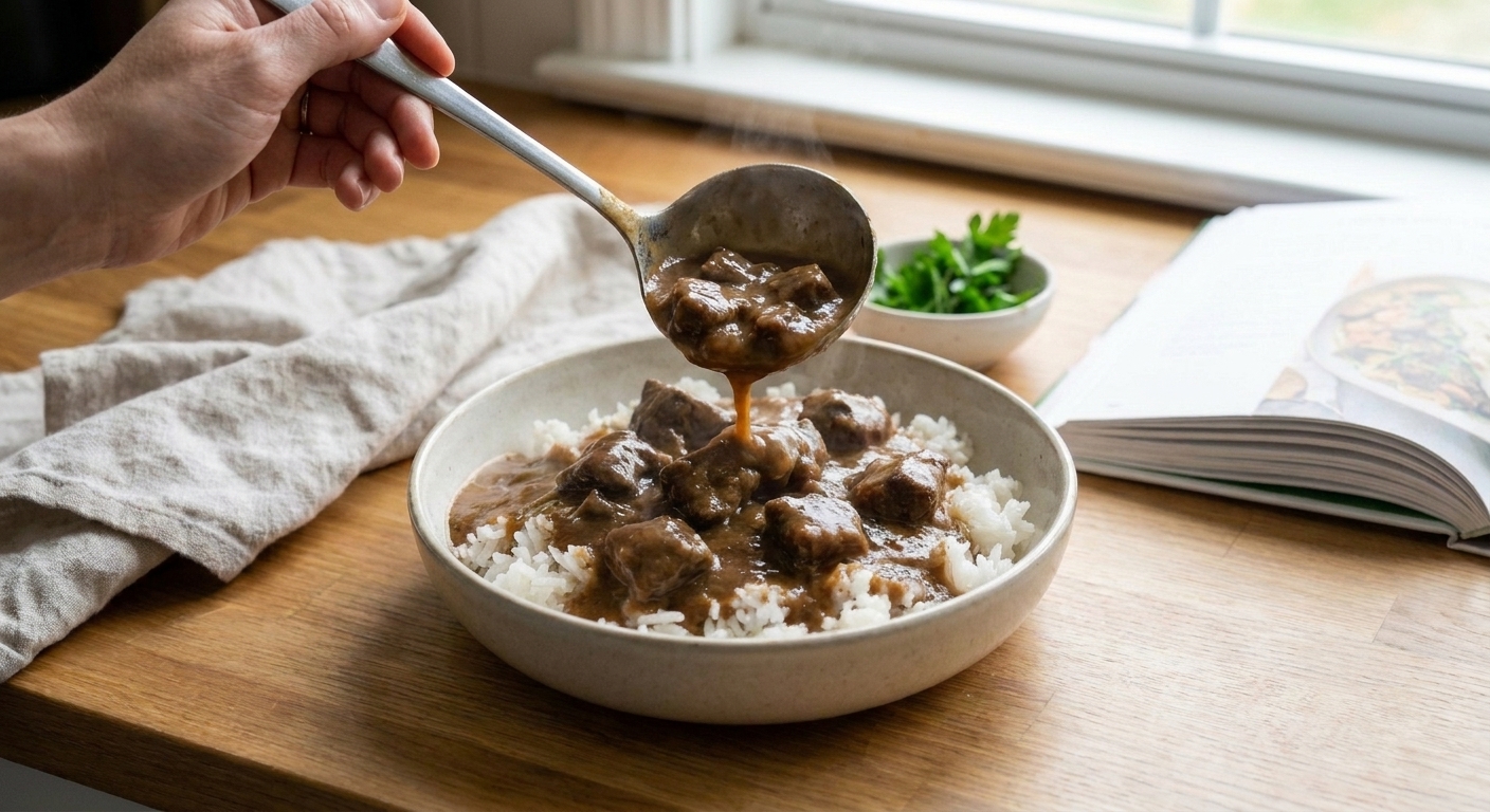 A ladle pouring rich brown gravy and beef tips over a mound of white rice in a shallow bowl on a kitchen table