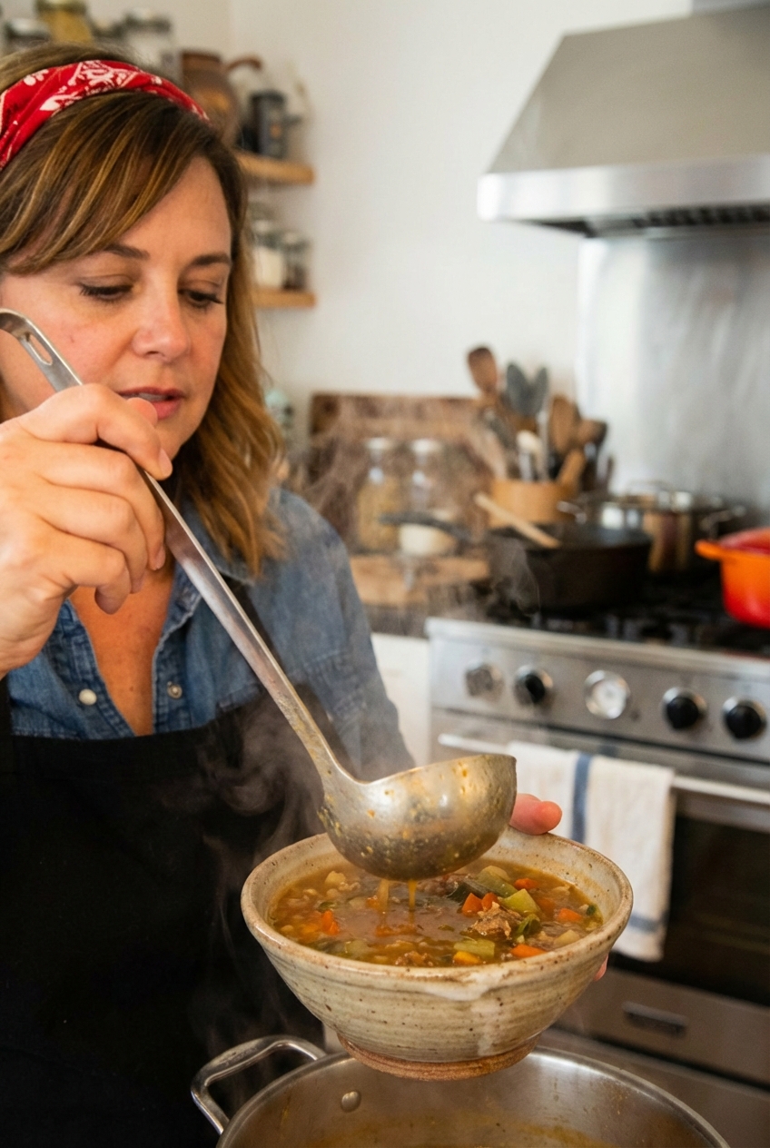 A ladle pouring rich savory soup into a bowl with steam rising