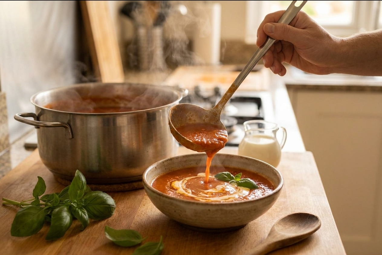 A ladle pouring roasted tomato soup into a bowl with basil and a swirl of cream on top
