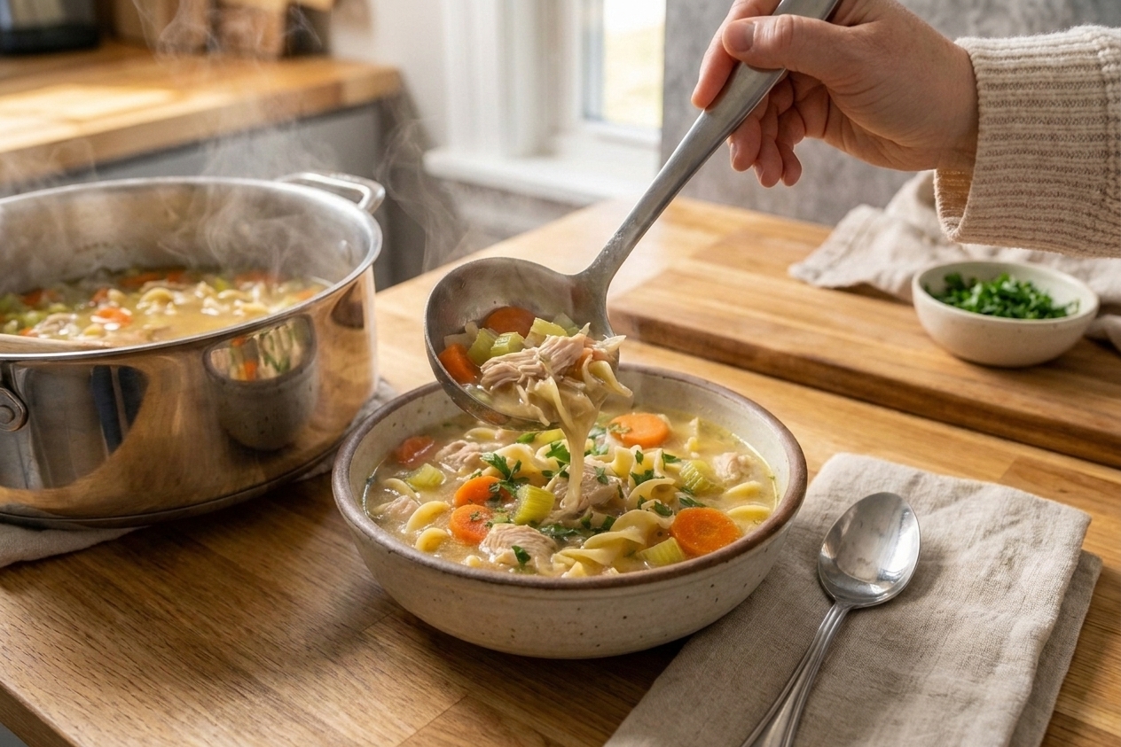 A ladle pouring rotisserie chicken noodle soup into a bowl on a kitchen counter, steam rising