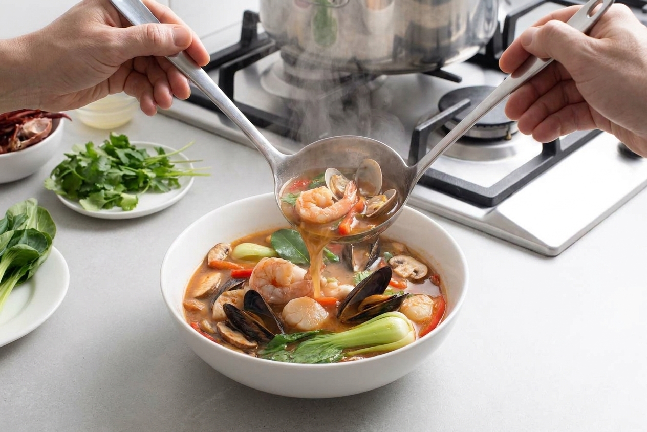 A ladle pouring seafood soup with shrimp and clams into a white bowl on a kitchen counter, with steam rising