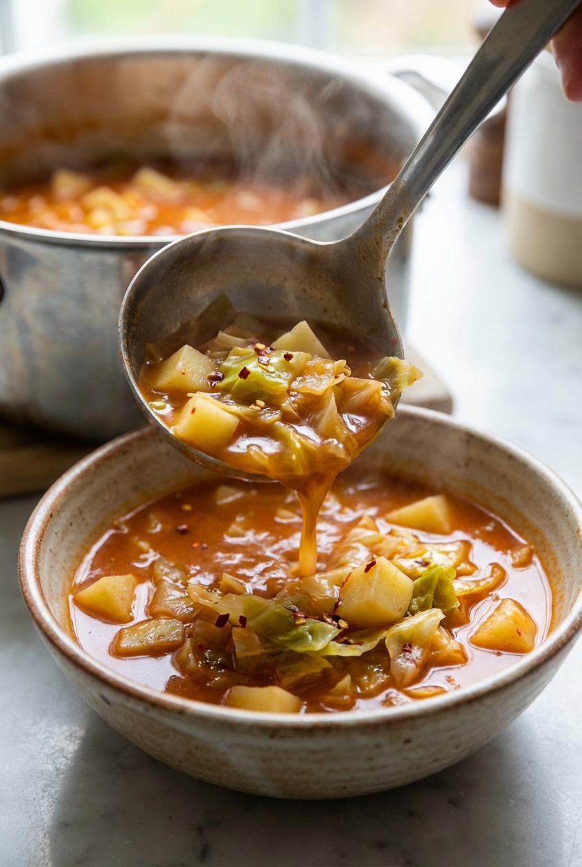 A ladle pouring smoky spicy cabbage soup into a bowl, showing tender cabbage and potatoes in a reddish broth